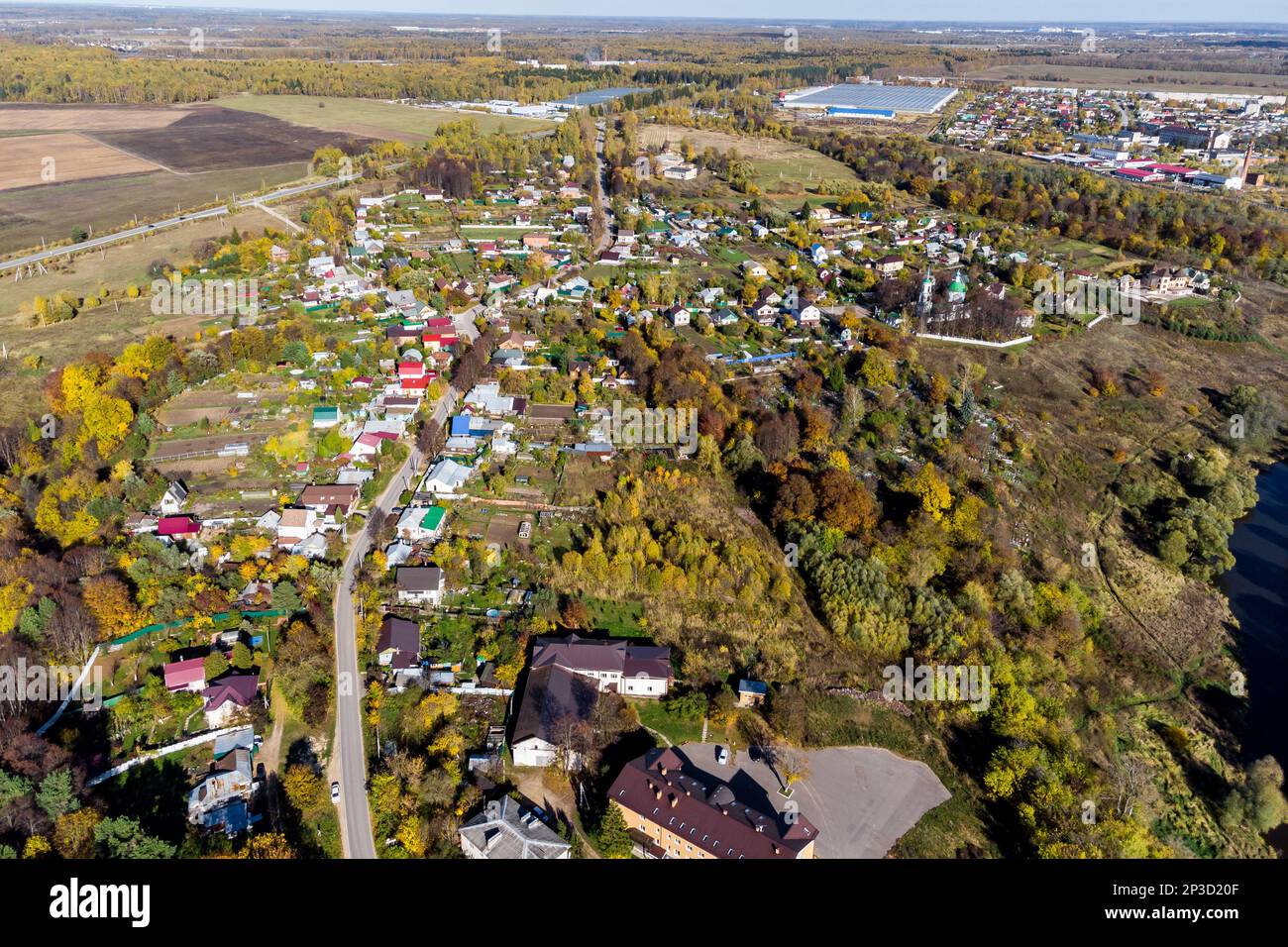 View from a high altitude of rural buildings in the Roshcha microdistrict on the outskirts of the city of Borovsk, Russia Stock Photo