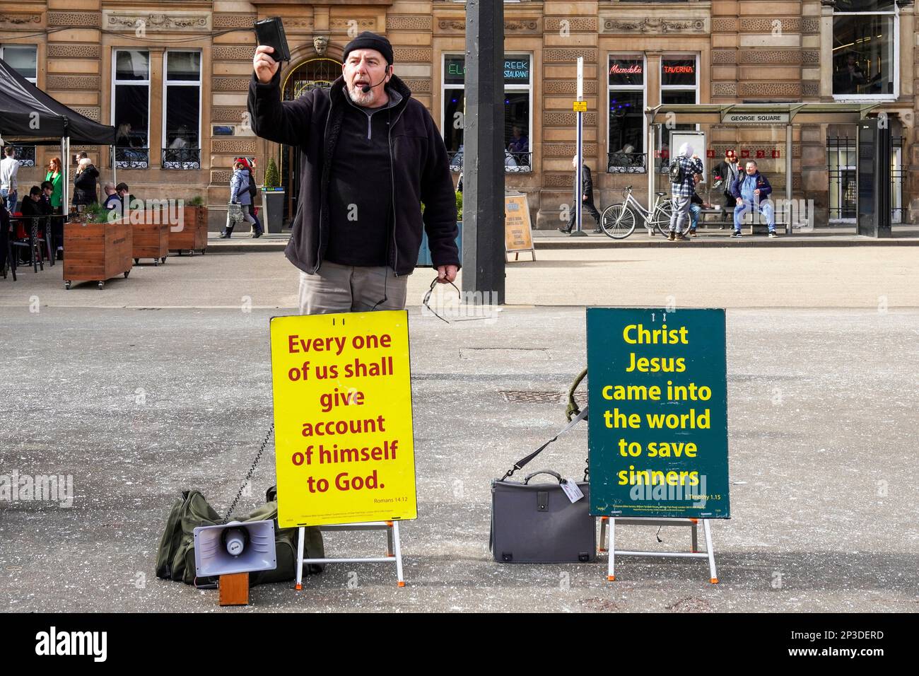 Street preacher, preaching Christianity, in George Square, Glasgow ...