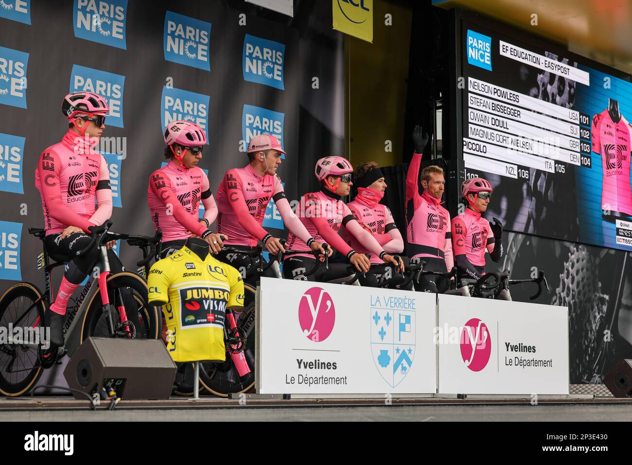 EF Education-EasyPost riders pictured at the start of the first stage of 81st edition of the Paris-Nice eight days cycling stage race, from and to La Verriere (169,4km), Sunday 05 March 2023. BELGA PHOTO DAVID PINTENS Stock Photo