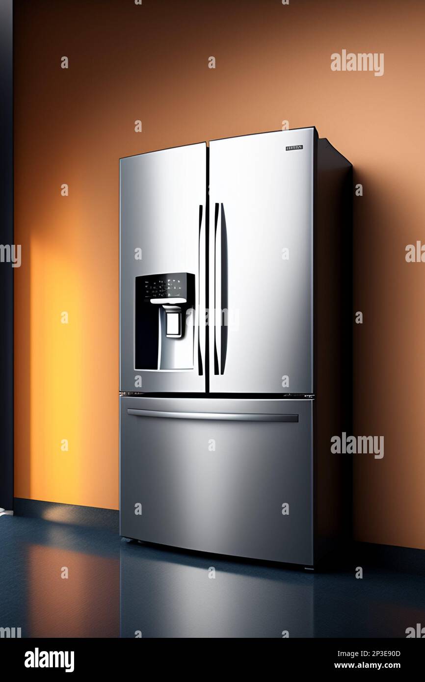 Modern side by side Stainless Steel Refrigerator. Fridge Freezer Stock