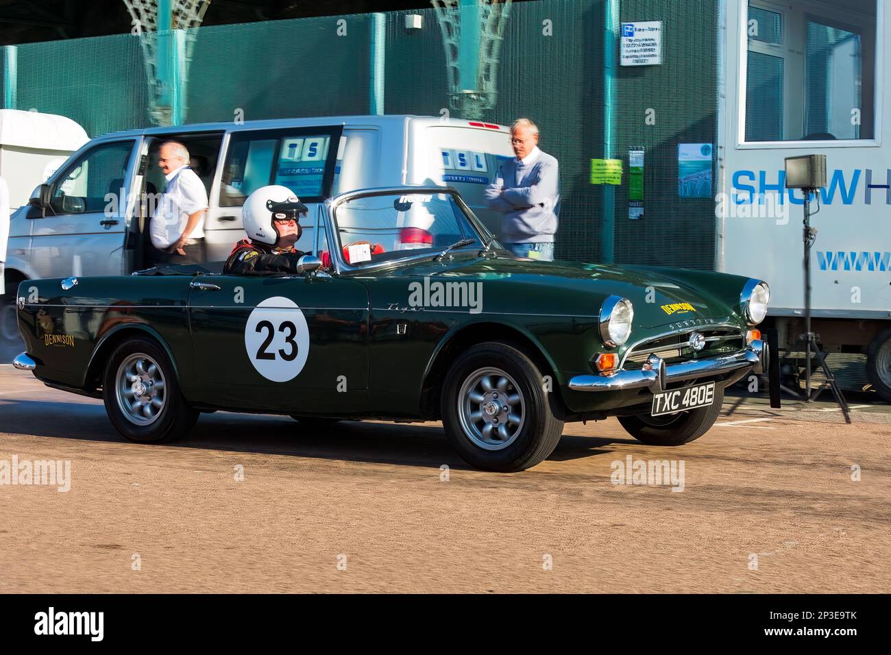 Andy Joicey driving a Sunbeam Tiger at The Brighton National Speed Trials 2017. This is the oldest motor racing event in the UK and is held in the south east coastal town of Brighton. Madeira drive is a road which runs along the seafront and is normal full of people explorer the beach, pier and local attractions. Today it is turned in to a 1/4 time trial course. 2nd September 2017. Stock Photo