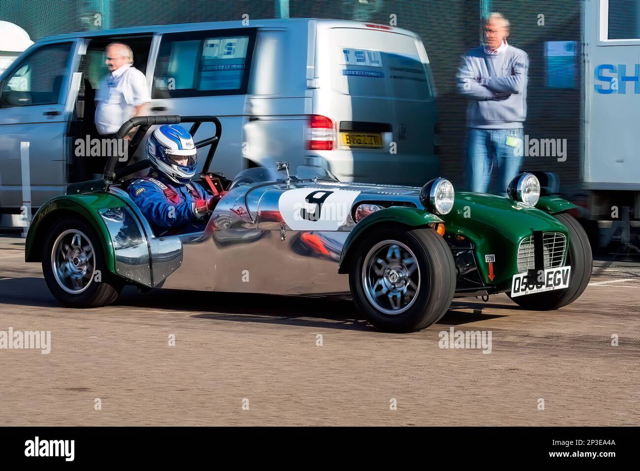 George Cubitt driving a Caterham 7 at The Brighton National Speed Trials 2017. This is the oldest motor racing event in the UK and is held in the south east coastal town of Brighton. Madeira drive is a road which runs along the seafront and is normal full of people explorer the beach, pier and local attractions. Today it is turned in to a 1/4 time trial course. 2nd September 2017 Stock Photo