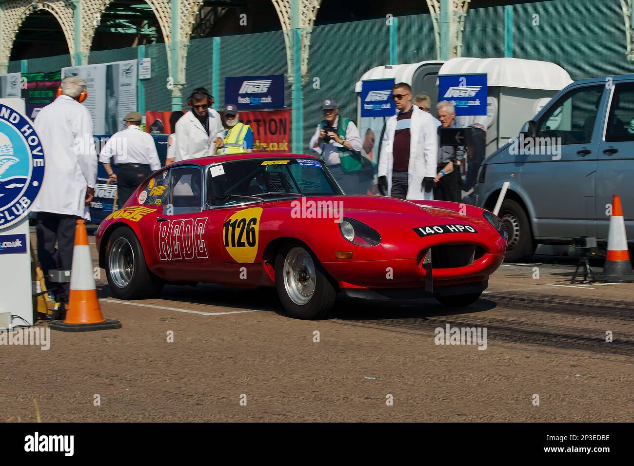 Robert Oram driving a Jaguar E Type aka Jaguar XK-E at The Brighton National Speed Trials 2017. This is the oldest motor racing event in the UK and is held in the south east coastal town of Brighton. Madeira drive is a road which runs along the seafront and is normal full of people explorer the beach, pier and local attractions. Today it is turned in to a 1/4 time trial course. 2nd September 2017. Stock Photo