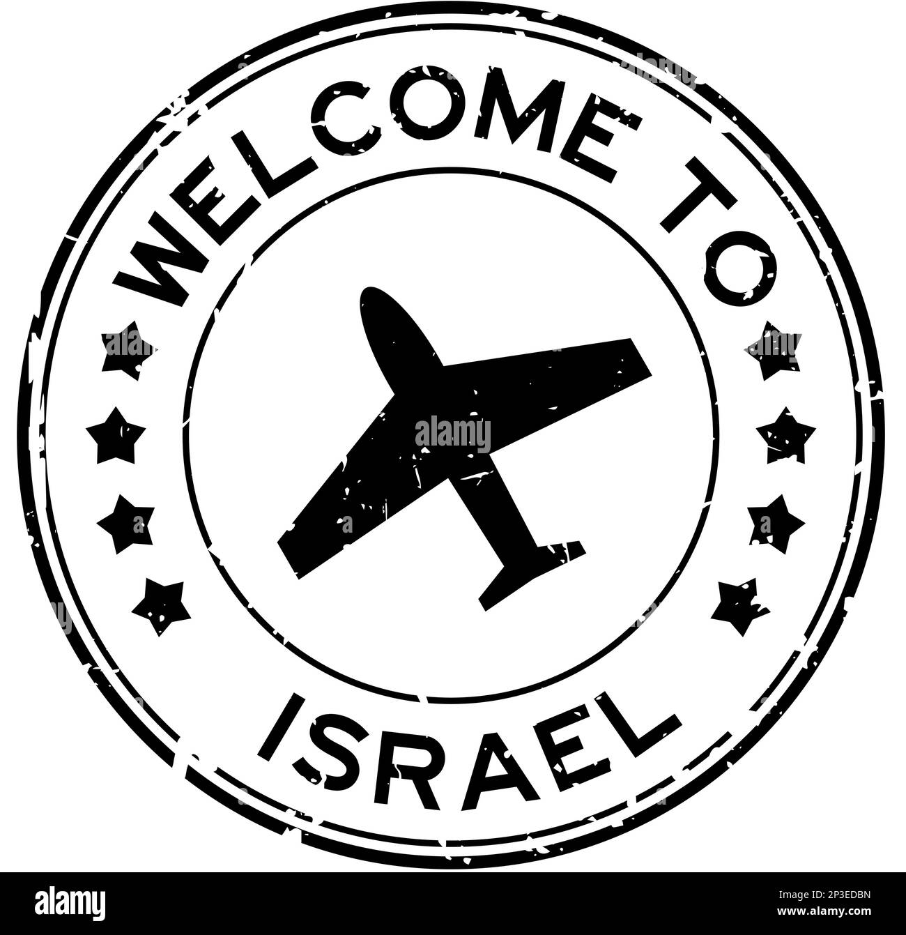 Grunge black welcome to israel with airplane icon round rubber seal stamp on white background Stock Vector