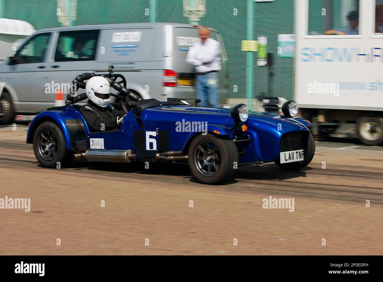 Tony Smith driving a Caterham 7 at The Brighton National Speed Trials 2017. This is the oldest motor racing event in the UK and is held in the south east coastal town of Brighton. Madeira drive is a road which runs along the seafront and is normal full of people explorer the beach, pier and local attractions. Today it is turned in to a 1/4 time trial course. 2nd September 2017. Stock Photo