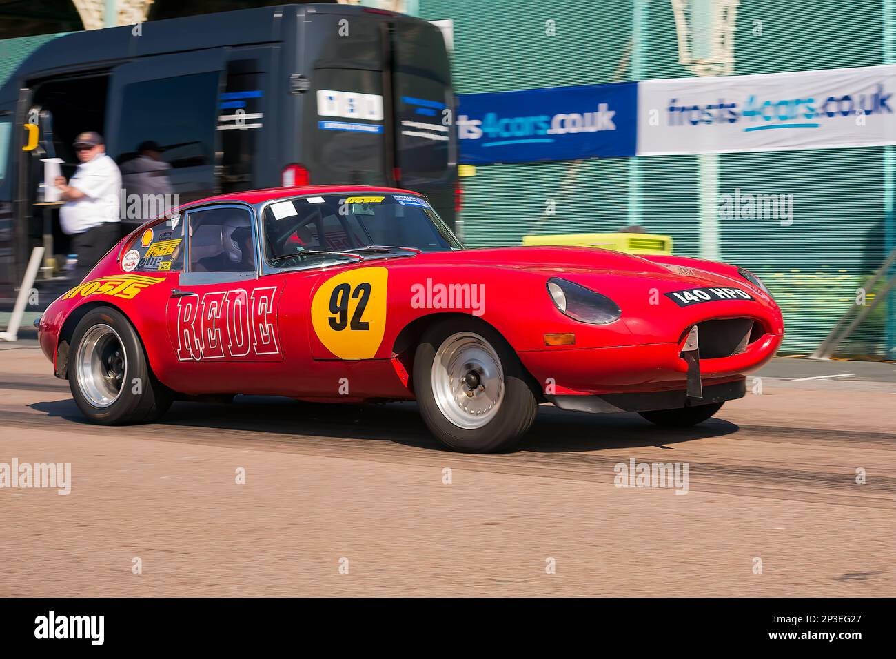 Robert Oram driving a Jaguar E Type aka Jaguar XK-E at The Brighton National Speed Trials 2018. This is the oldest motor racing event in the UK and is held in the south east coastal town of Brighton. Madeira drive is a road which runs along the seafront and is normal full of people explorer the beach, pier and local attractions. Today it is turned in to a 1/4 time trial course. 1st September 2018. Stock Photo