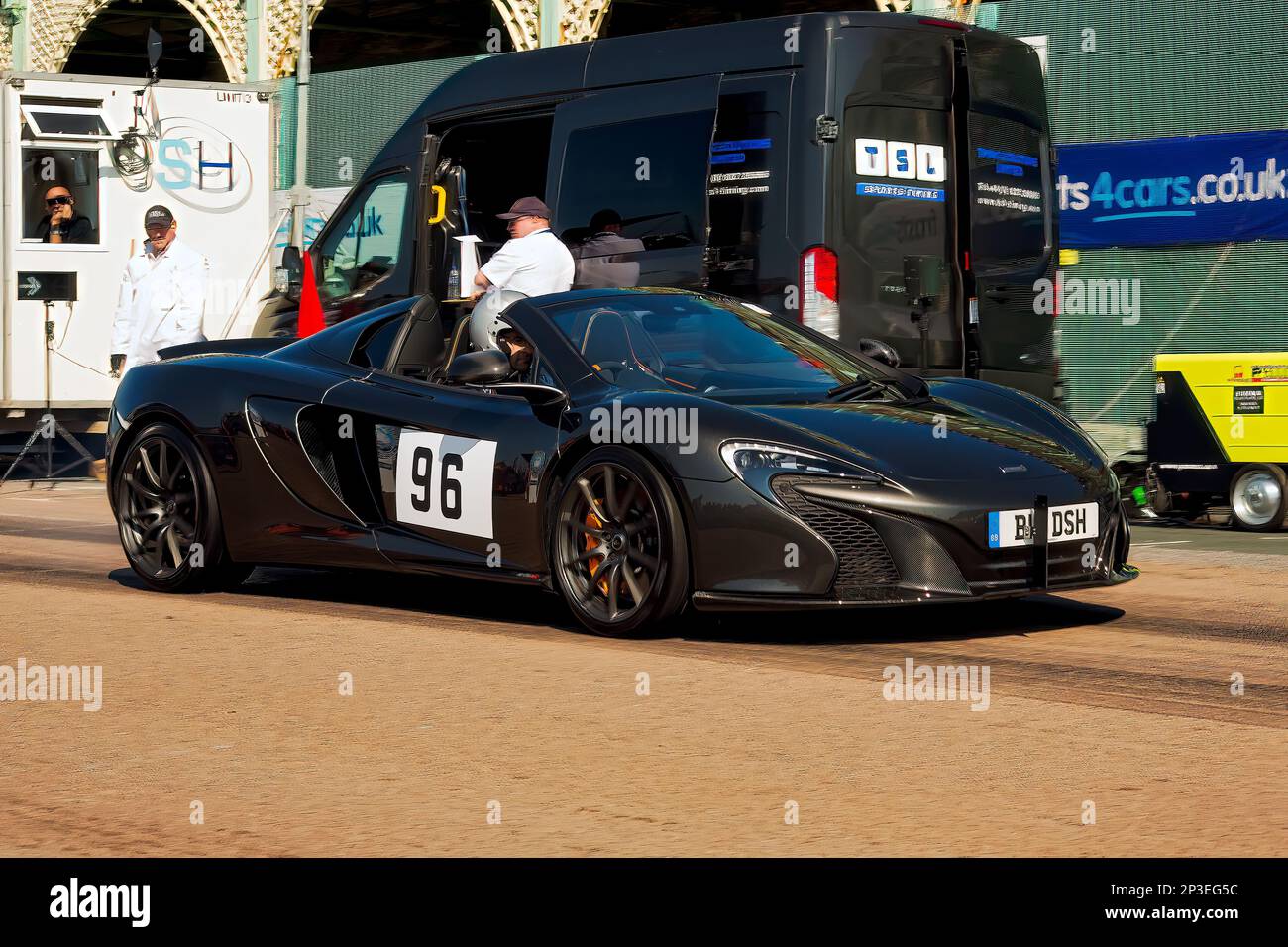 David Harrison driving a McLaren 650S Spider at The Brighton National Speed Trials 2018. This is the oldest motor racing event in the UK and is held in the south east coastal town of Brighton. Madeira drive is a road which runs along the seafront and is normal full of people explorer the beach, pier and local attractions. Today it is turned in to a 1/4 time trial course.1st September 2018 Stock Photo