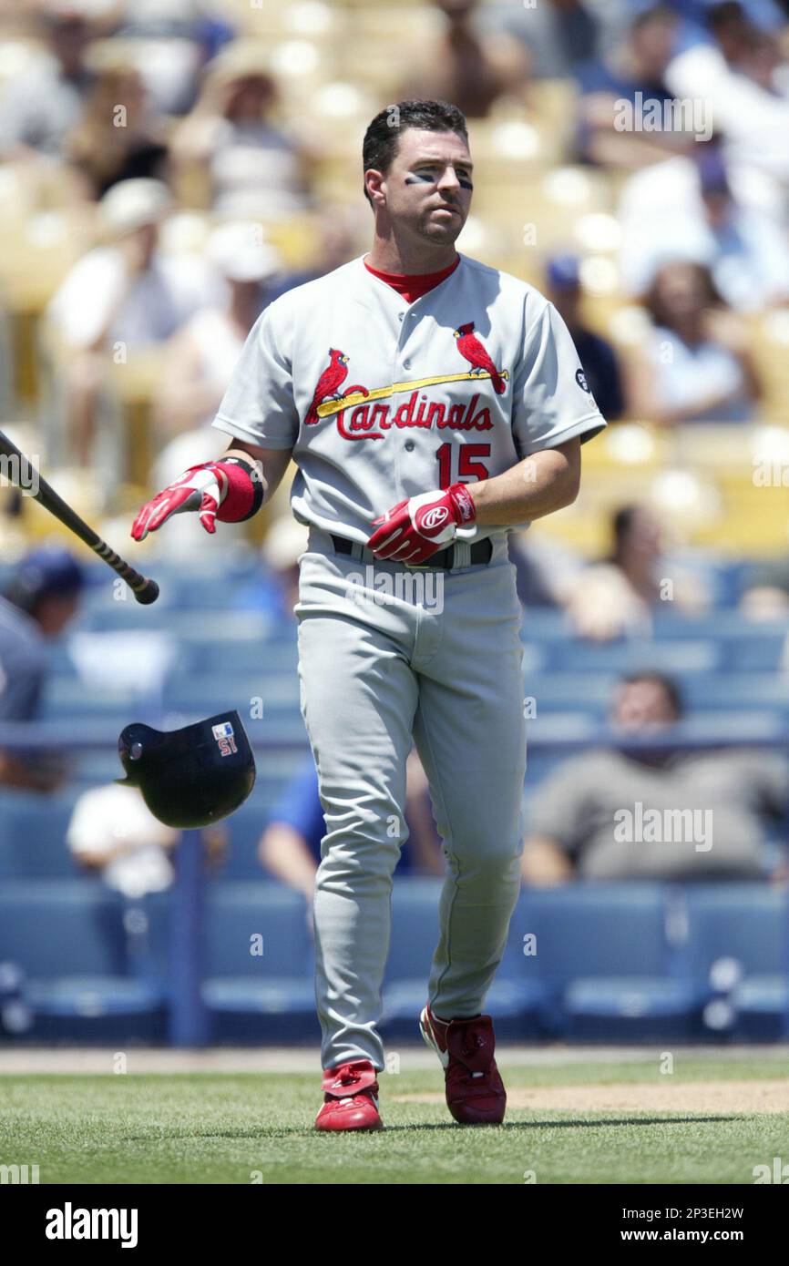 Jim Edmonds of the St. Louis Cardinals during a 2002 MLB season game  against the Los Angeles Dodgers at Dodger Stadium, in Los Angeles,  California. (Larry Goren/Four Seam Images via AP Images