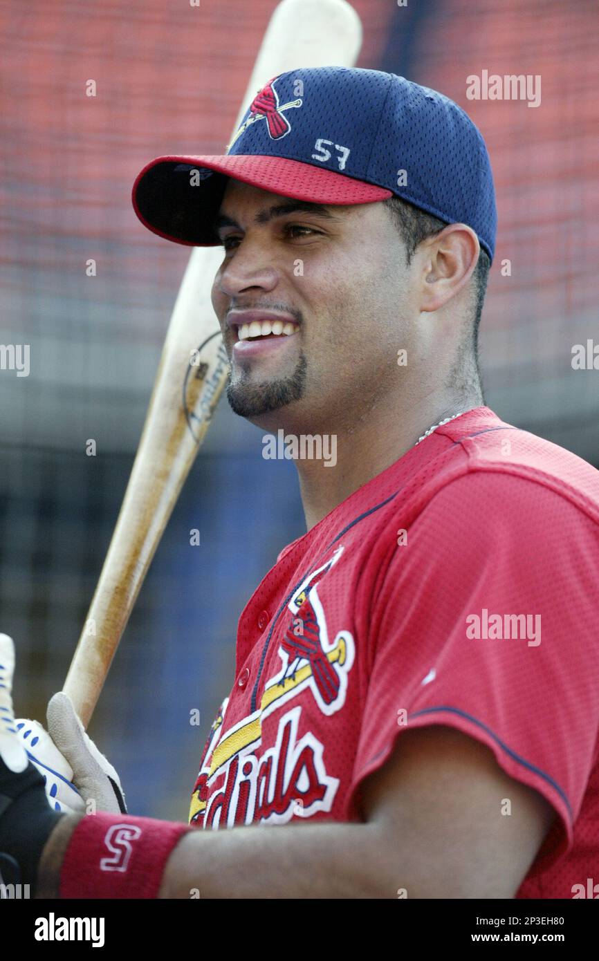 Albert Pujols of the St. Louis Cardinals before a 2002 MLB season game  against the Los Angeles Dodgers at Dodger Stadium, in Los Angeles,  California. (Larry Goren/Four Seam Images via AP Images, image size:866x1390