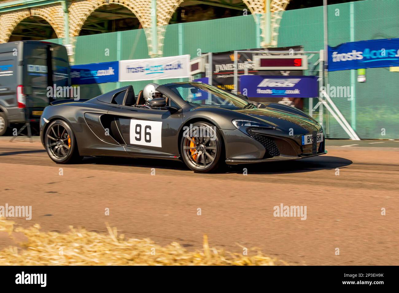David Harrison driving a McLaren 650S Spider at The Brighton National Speed Trials 2018. This is the oldest motor racing event in the UK and is held in the south east coastal town of Brighton. Madeira drive is a road which runs along the seafront and is normal full of people explorer the beach, pier and local attractions. Today it is turned in to a 1/4 time trial course. 1st September 2018 Stock Photo