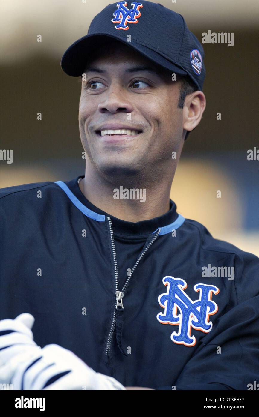 Roberto Alomar of the New York Mets during a 2002 MLB season game against  the Los Angeles Dodgers at Dodger Stadium, in Los Angeles, California.  (Larry Goren/Four Seam Images via AP Images