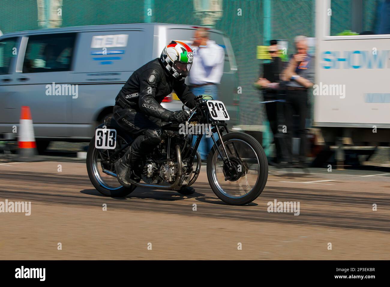 Richard Morgan riding a Rudge Sprinter at The Brighton National Speed Trials 2017. This is the oldest motor racing event in the UK and is held in the south east coastal town of Brighton. Madeira drive is a road which runs along the seafront and is normal full of people explorer the beach, pier and local attractions. Today it is turned in to a 1/4 time trial course. 2nd September 2017 Stock Photo