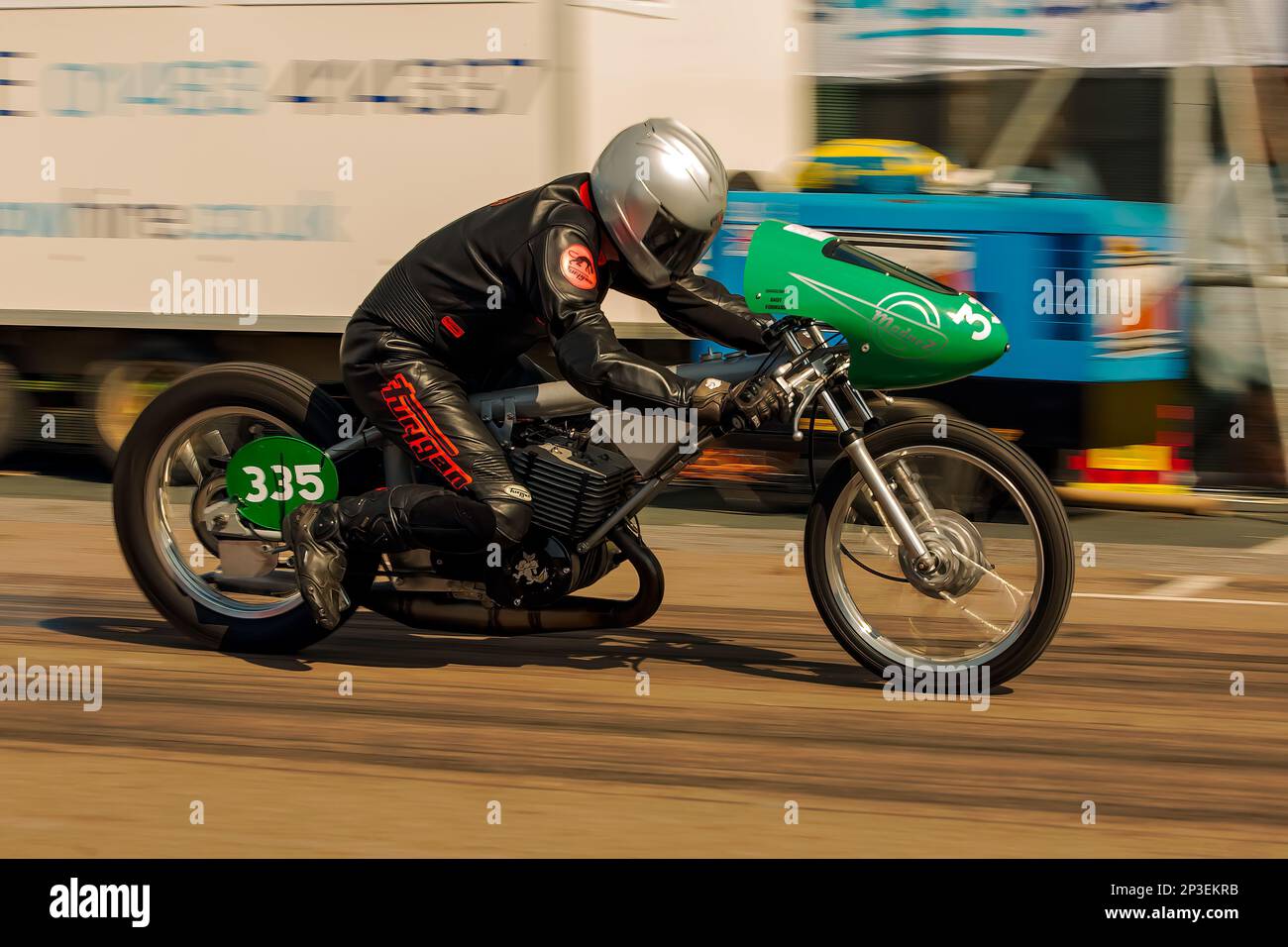 The event is currently run as a quarter mile sprint for both cars and motorcycles, held under the auspices of the Motor Sports Association. This image features Gavin Shaw riding a Madnez custom motorcycle. The event is organised by the Brighton and Hove Motor Club run along Madeira Drive, Brighton Sea Front, City of Brighton & Hove, UK. 2nd September 2017 Stock Photo