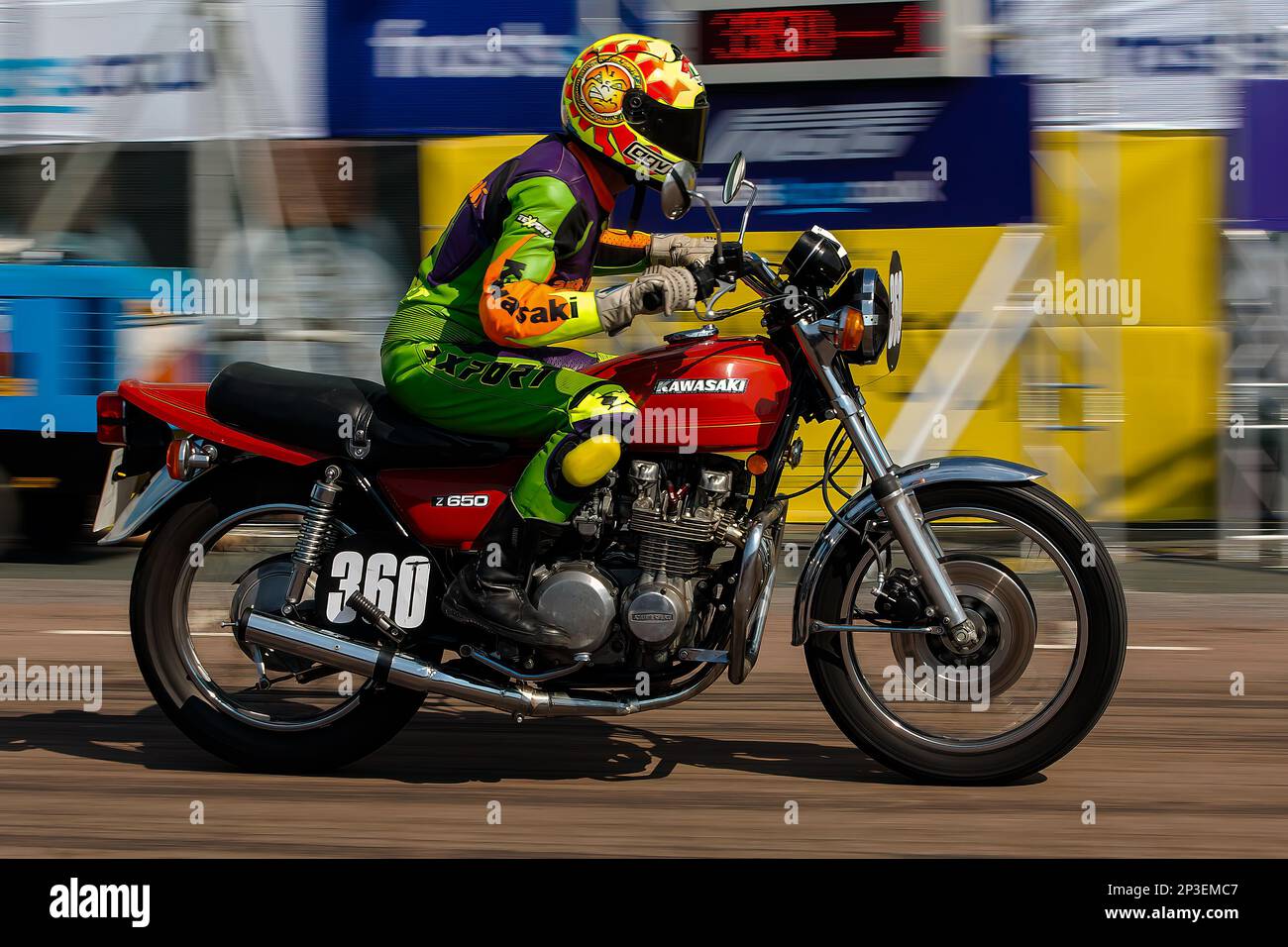The event is currently run as a quarter mile sprint for both cars and motorcycles, held under the auspices of the Motor Sports Association. This image features Keith Masters riding a Kawasaki Z650. The event is organised by the Brighton and Hove Motor Club run along Madeira Drive, Brighton Sea Front, City of Brighton & Hove, UK. 2nd September 2017 Stock Photo