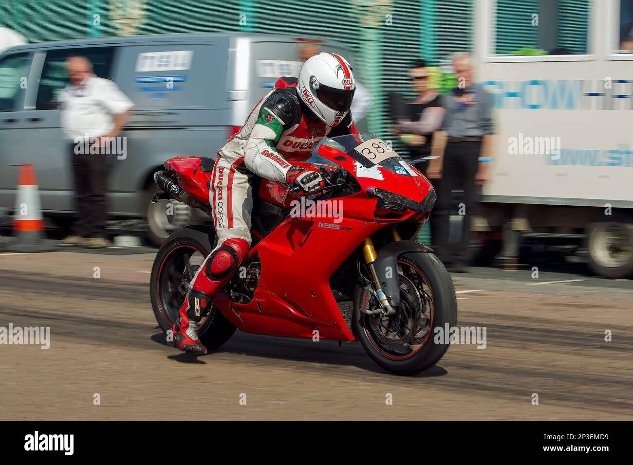 The event is currently run as a quarter mile sprint for both cars and motorcycles, held under the auspices of the Motor Sports Association. This image features Andrew Dubery riding a Ducati 1198 SP. The event is organised by the Brighton and Hove Motor Club run along Madeira Drive, Brighton Sea Front, City of Brighton & Hove, UK. 2nd September 2017 Stock Photo