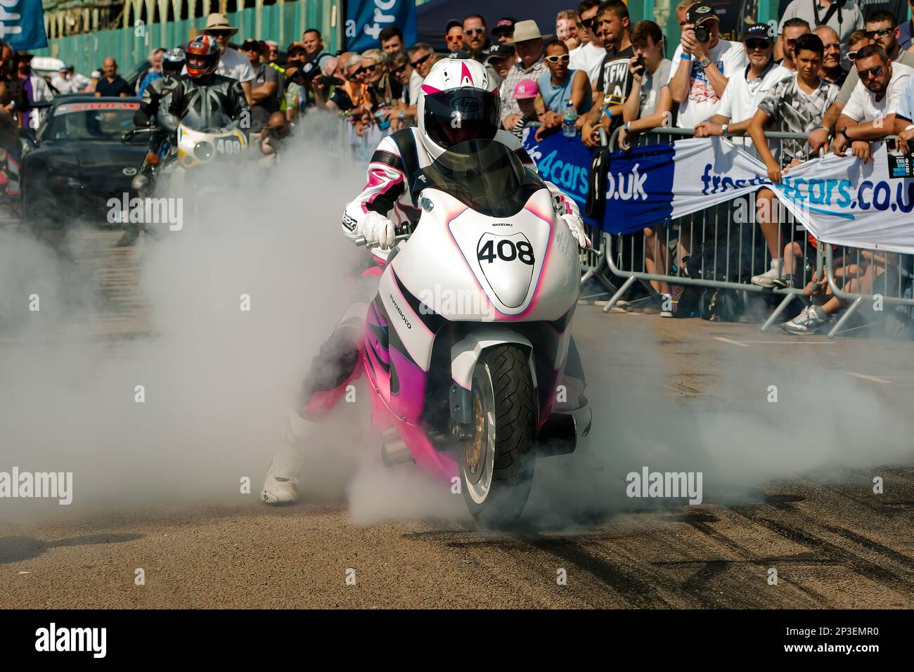 Competitors preparing and racing in various categories at the Brighton National Speed Trials 2015, Madeira Drive, Brighton, East Sussex, UK. This image features  Roger Simmons on his Suzuki Hayabusa Turbo starting the quarter mile straight time trial against the clock. 1st September 2018 Stock Photo