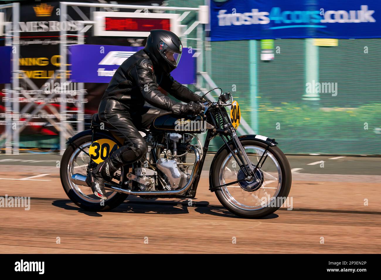 The event is currently run as a quarter mile sprint for both cars and motorcycles, held under the auspices of the Motor Sports Association. This image features John Bottomley riding a Velocette MAC. The event is organised by the Brighton and Hove Motor Club run along Madeira Drive, Brighton Sea Front, City of Brighton & Hove, UK. 1st September 2018 Stock Photo