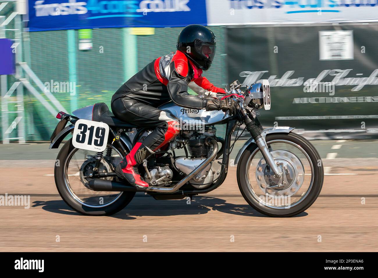 The event is currently run as a quarter mile sprint for both cars and motorcycles, held under the auspices of the Motor Sports Association. This image features Kim Wheatley riding a Triton. The event is organised by the Brighton and Hove Motor Club run along Madeira Drive, Brighton Sea Front, City of Brighton & Hove, UK. 1st September 2018 Stock Photo
