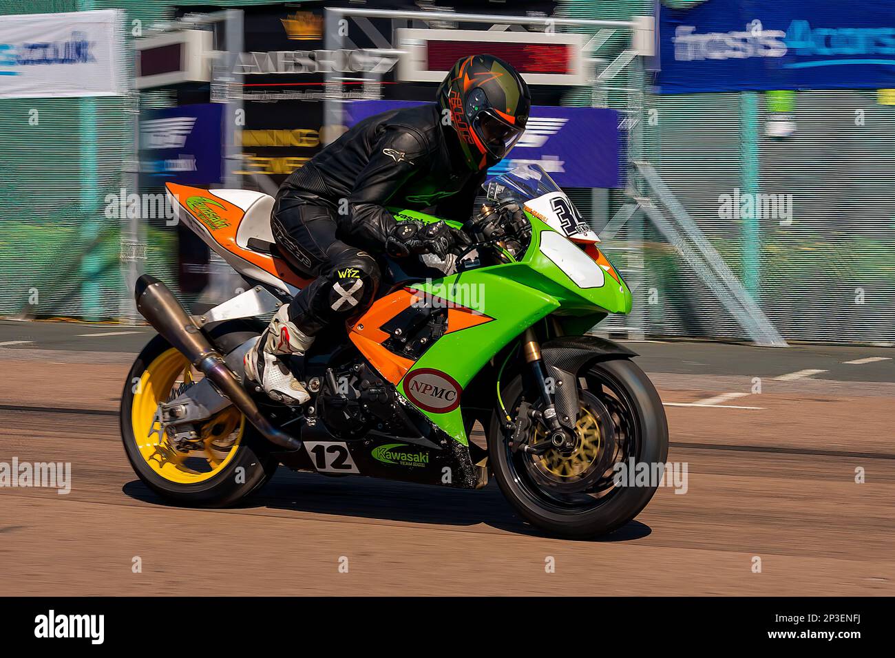 The event is currently run as a quarter mile sprint for both cars and motorcycles, held under the auspices of the Motor Sports Association. This image features Ben Marsden riding a Kawasaki ZX10R The event is organised by the Brighton and Hove Motor Club run along Madeira Drive, Brighton Sea Front, City of Brighton & Hove, UK. 1st September 2018 Stock Photo