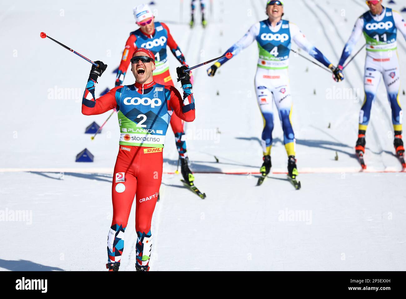 Planica, Slovenia. 05th Mar, 2023. Nordic skiing: World Championship, cross-country skiing - 50 km classic, men. Paal Golberg from Norway is the first to reach the finish line. Credit: Daniel Karmann/dpa/Alamy Live News Stock Photo