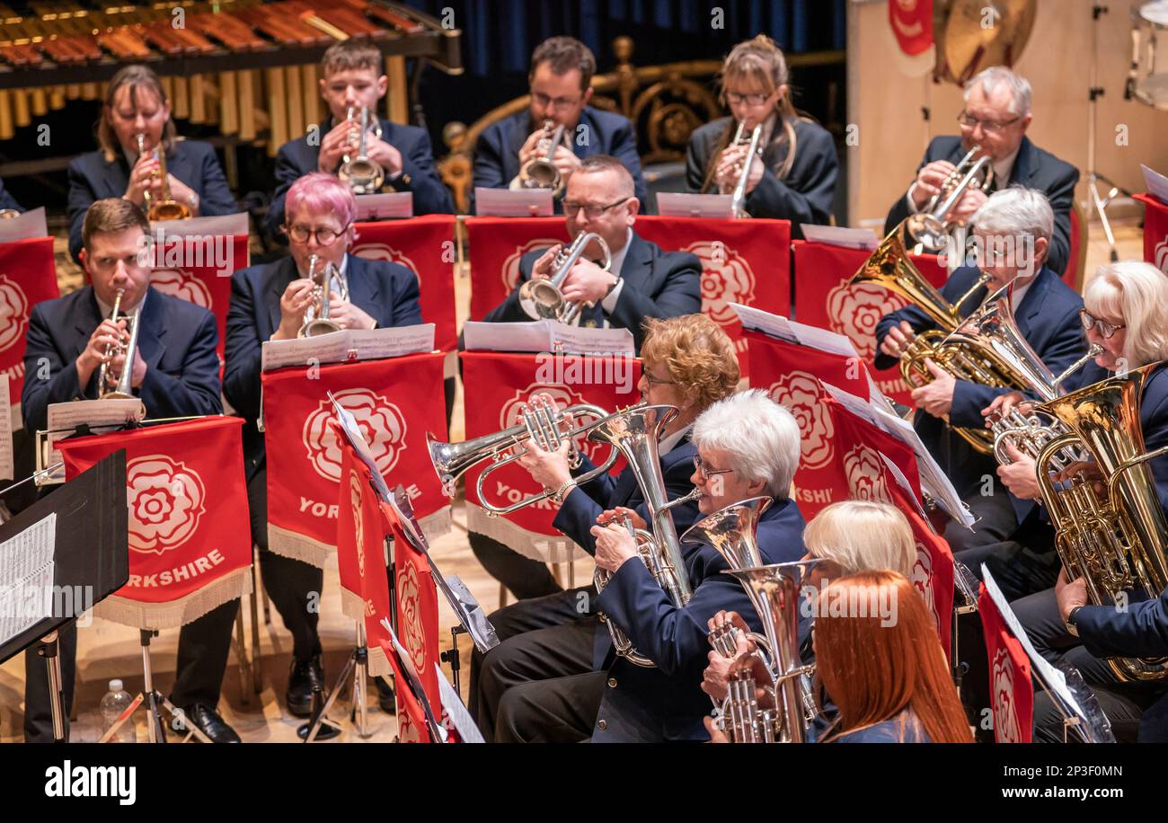 Musicians perform during the 2023 Yorkshire Brass Band Championships at Huddersfield Town Hall