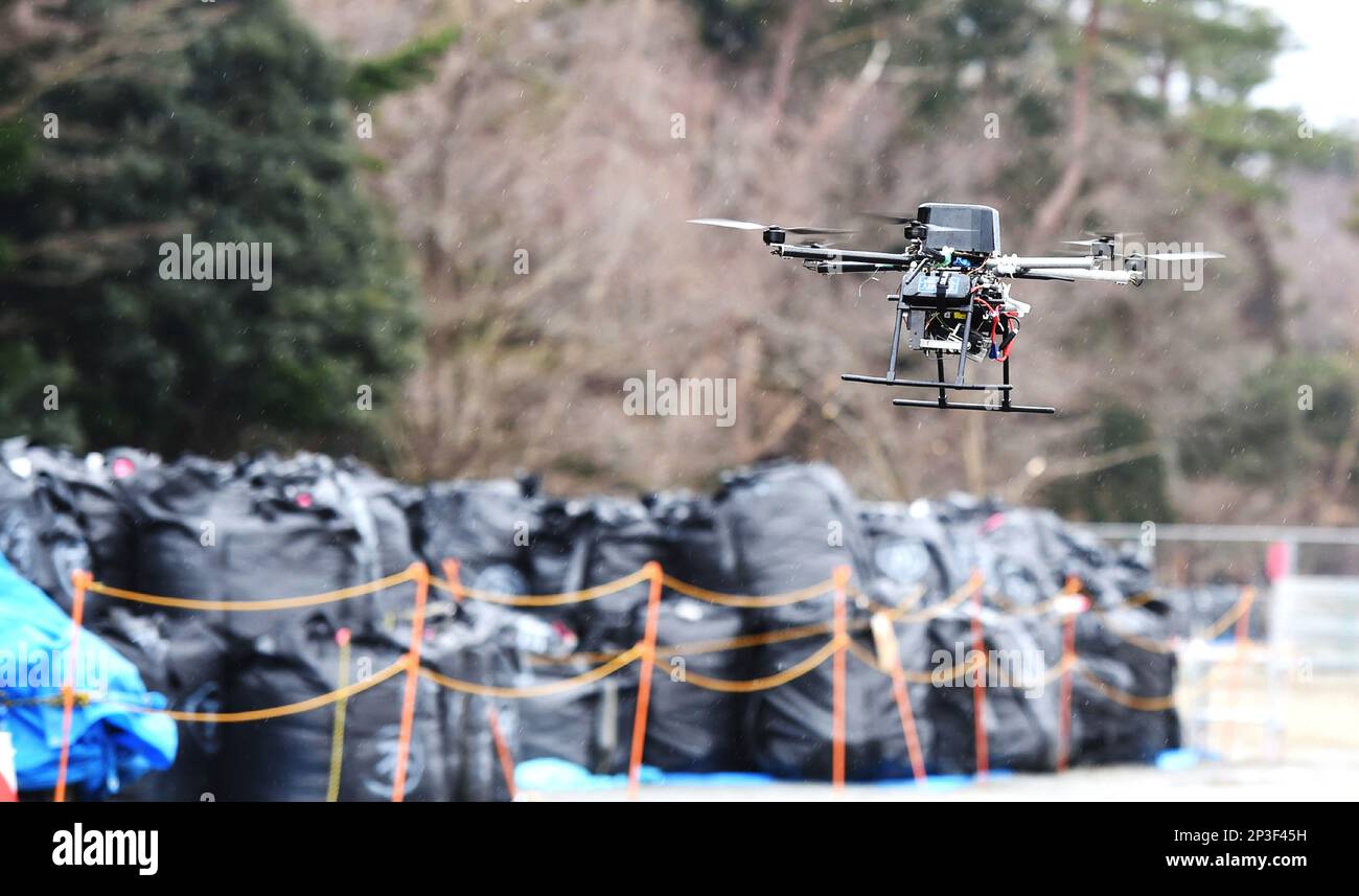 A a tiny unmanned aircraft, to be mass-produced type, takes a maiden flight for about 30 over an evacuation zone caused by the crippled Fukushima No. nuclear plant