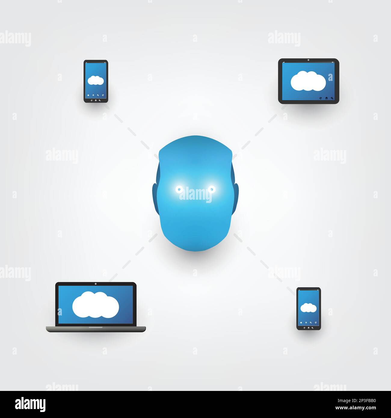 Blue Machine Learning, Artificial Intelligence and Smart Communication Design Concept with Mobile Devices and Robot Head Stock Vector