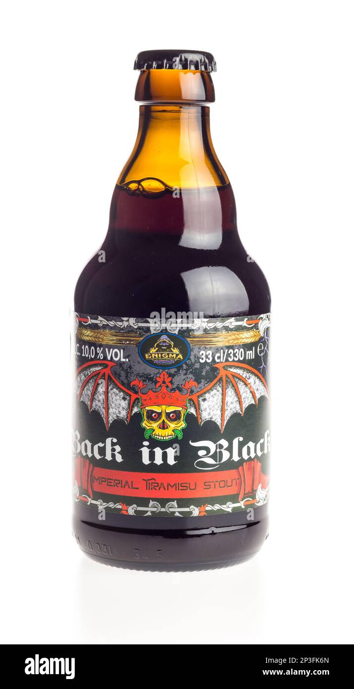 Bottle of belgian Enigma Imperial Tiramisu Stout beer isolated on a white background Stock Photo