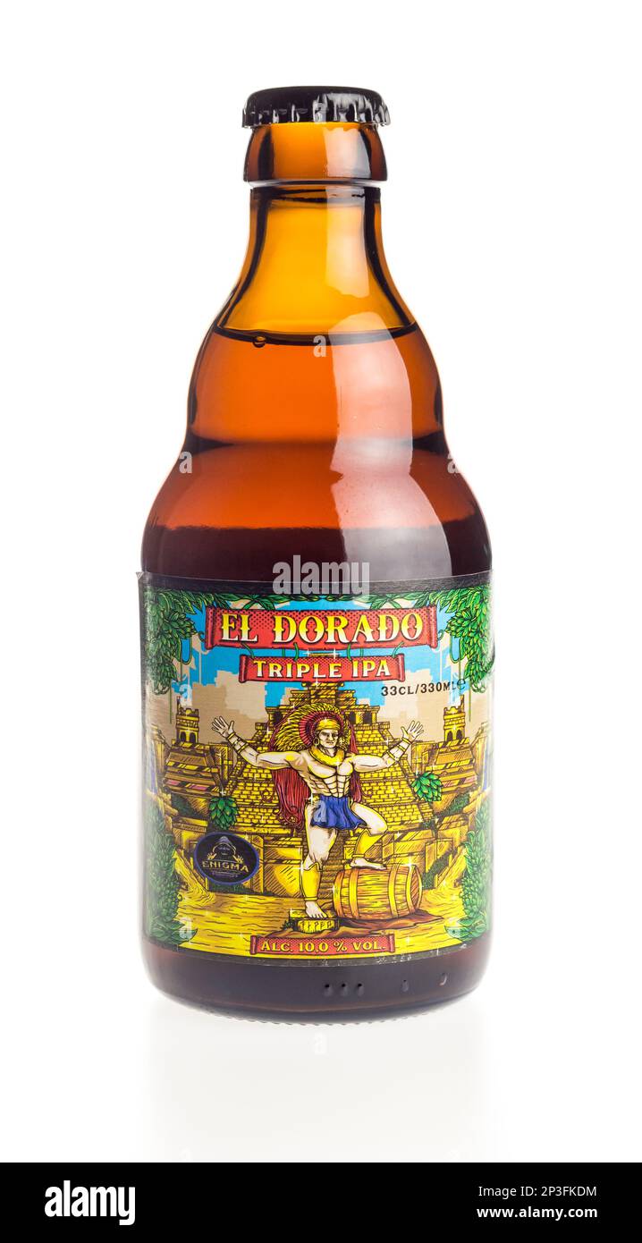Bottle of belgian Enigma El Dorado Triple IPA beer isolated on a white background Stock Photo