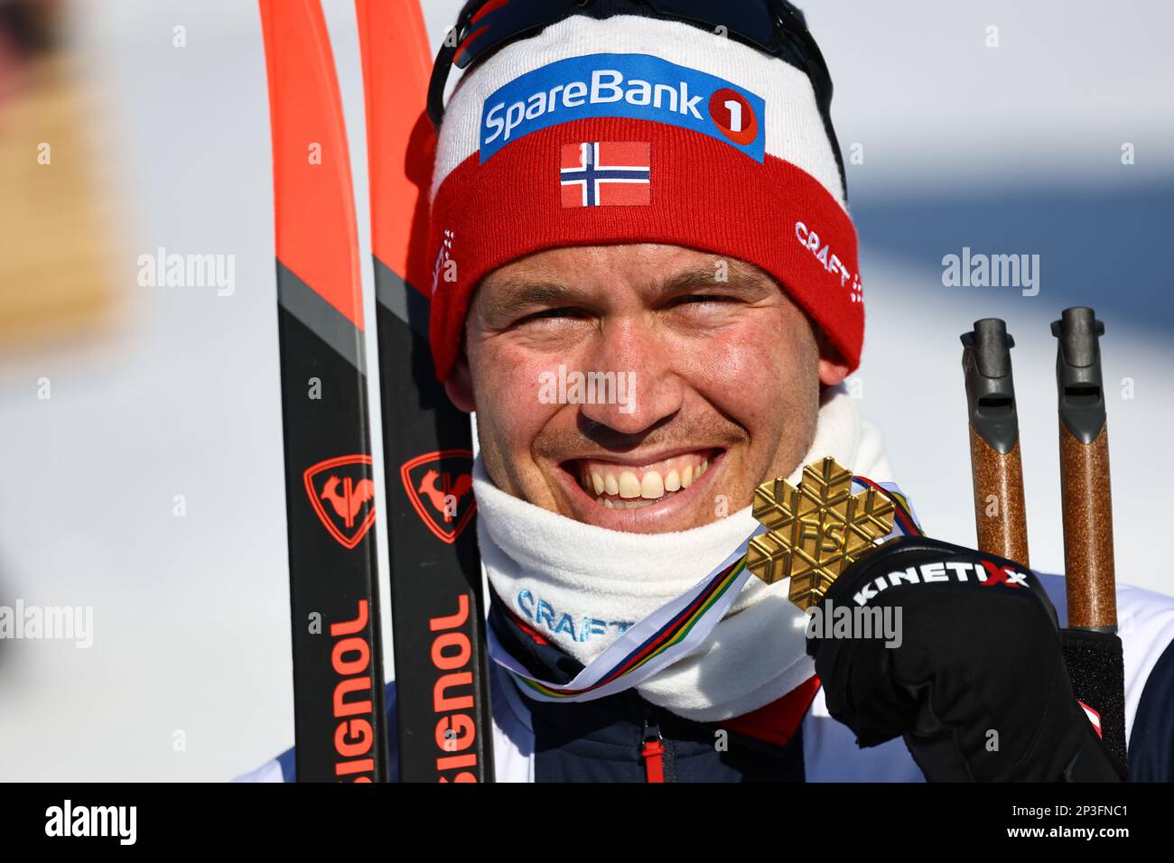 Planica, Slovenia. 05th Mar, 2023. Nordic skiing: World Championship, cross-country skiing - 50 km classic, men. First-placed Paal Golberg from Norway is happy about his gold medal. Credit: Daniel Karmann/dpa/Alamy Live News Stock Photo