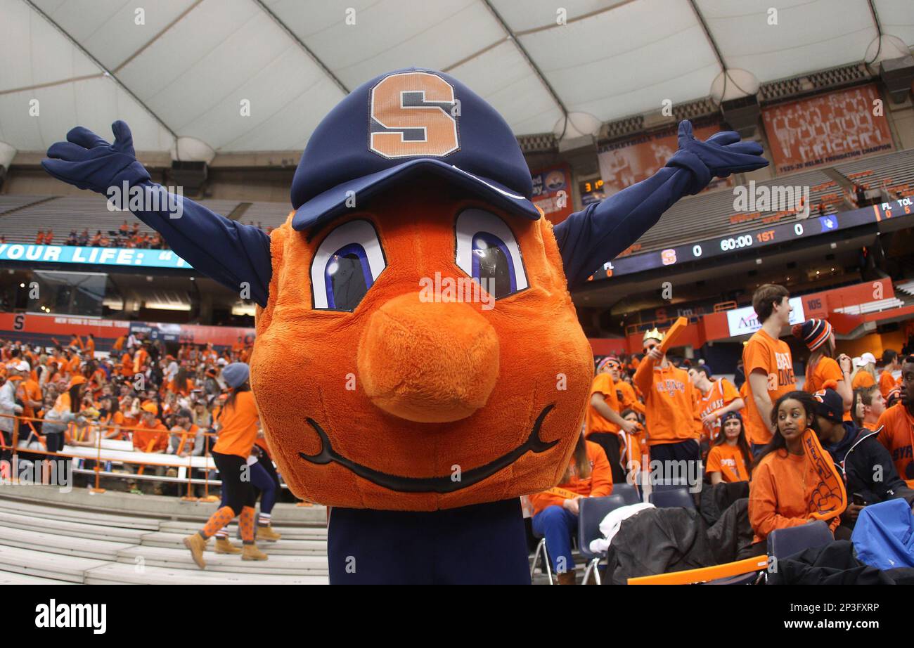 14 February 2015 Syracuse Orange mascot Otto the Orange cheers during