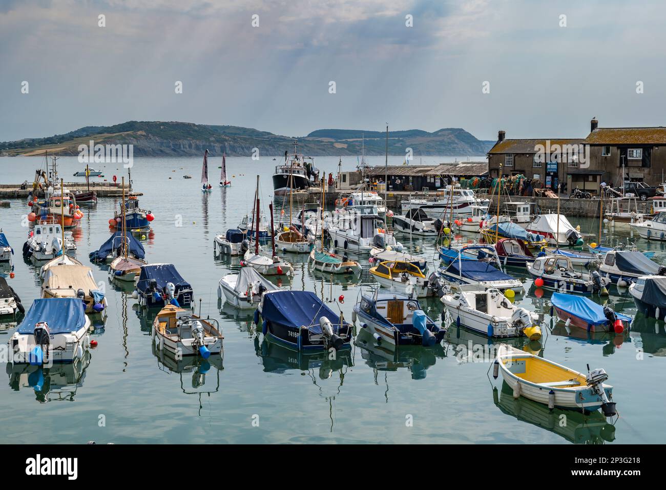 Sailing, rigid hulled and motor boats moored in harbour, Lyme Regis, Dorset, England, UK Stock Photo