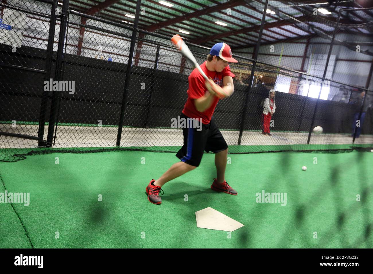 In this Jan. 18, 2015 photo, Hunter Pearson practices his batting at