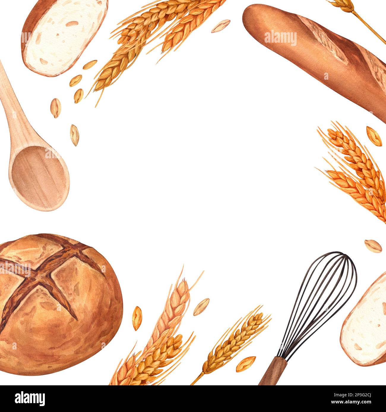 Watercolor bakery background. Bread and pastry collection. Bread house ...