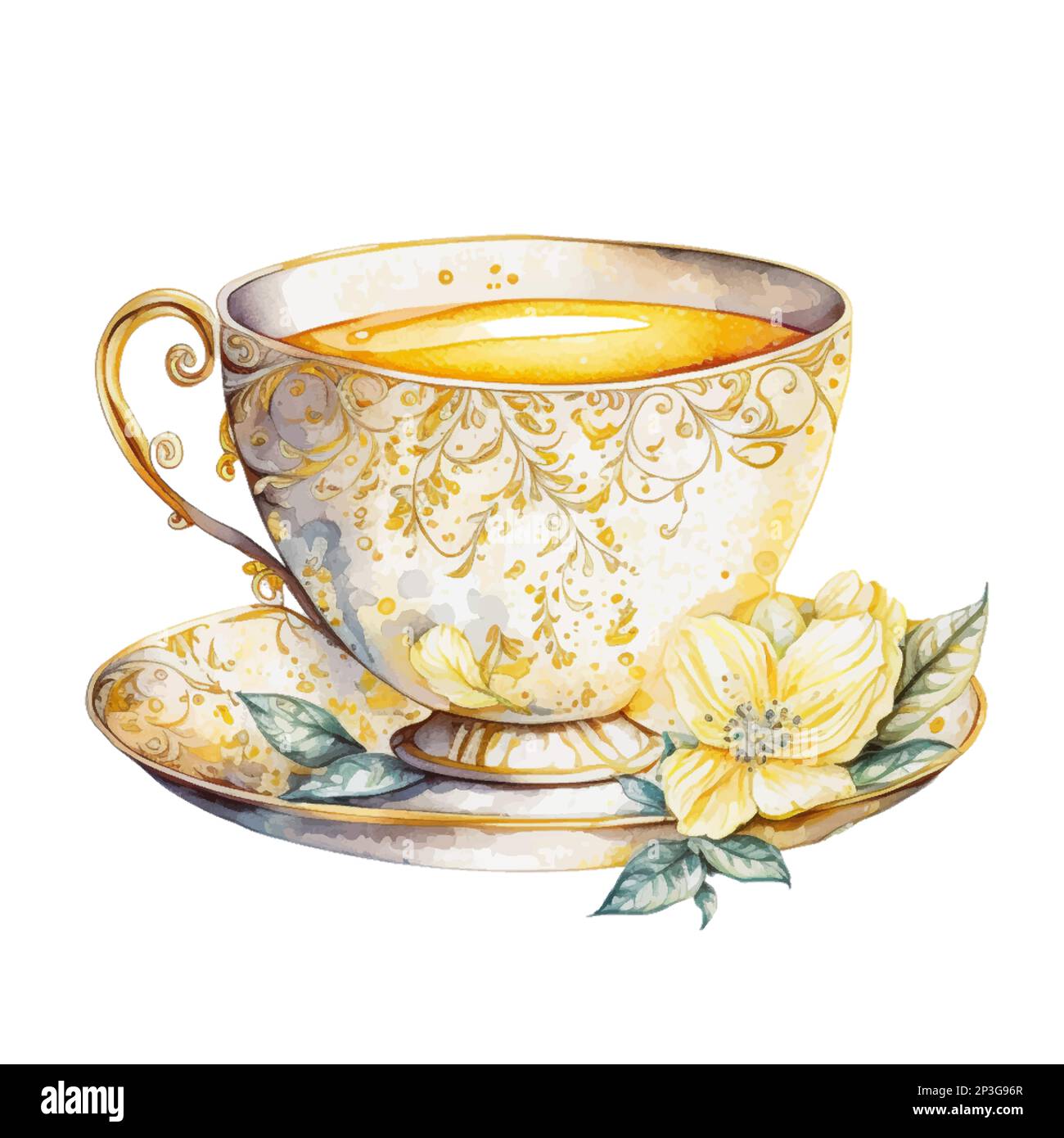 Lemon Royal Tea Cup Watercolor Clipart. Lemon Tea Party with tea set