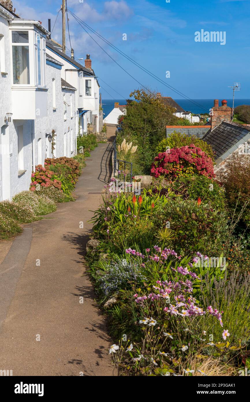 Coverack Sunny Corner cottage gardens  photographed from a public path Stock Photo