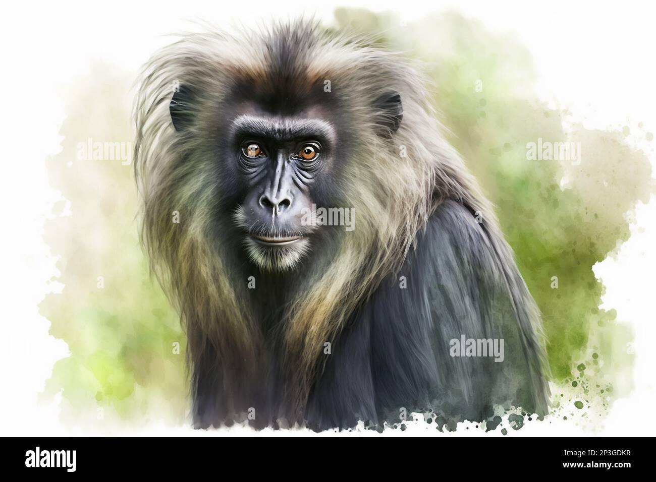 Watercolor painting of liontailed macaque with copy space for text