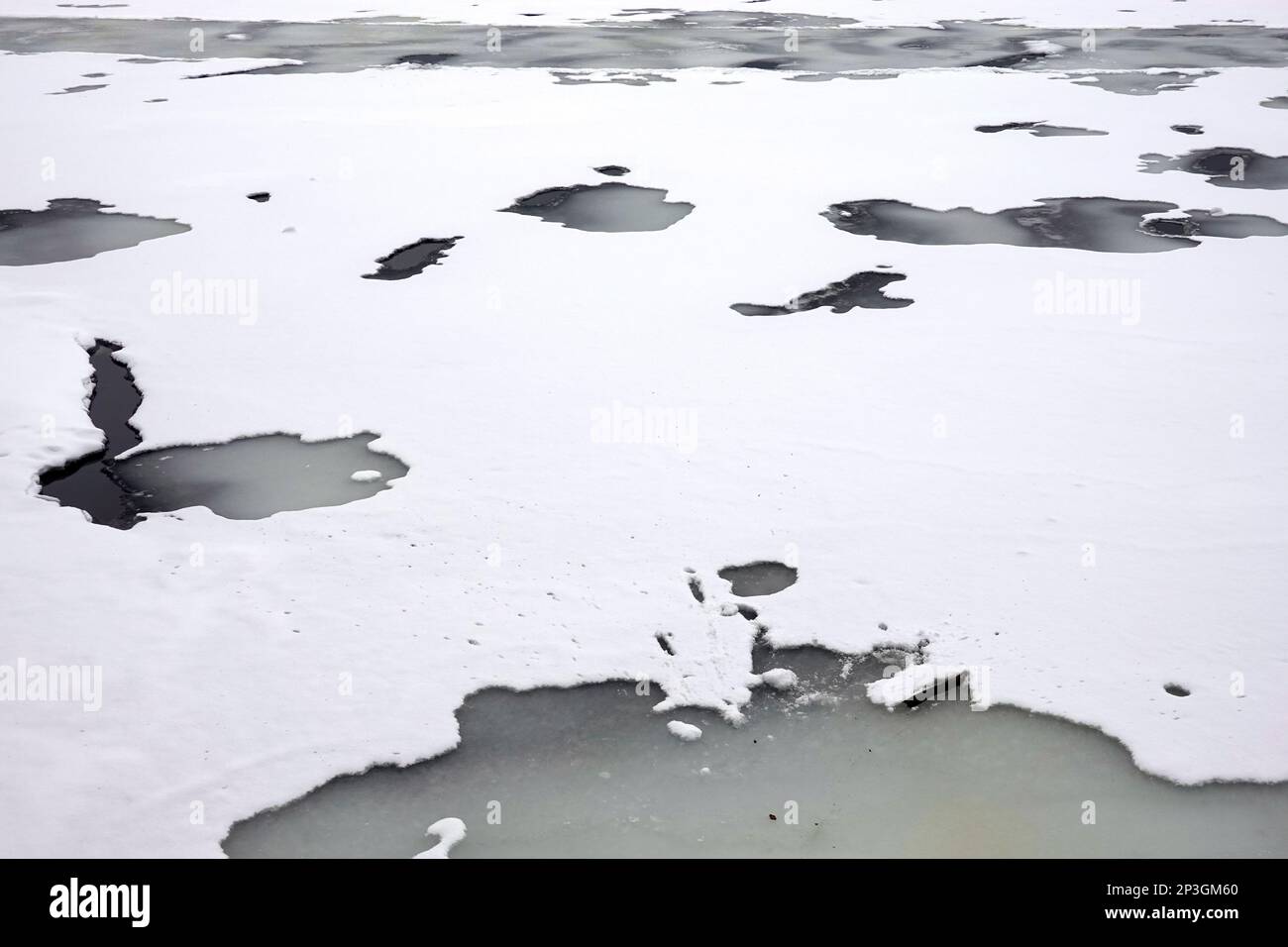 Landscape with melting ice under snow on the spring river view till