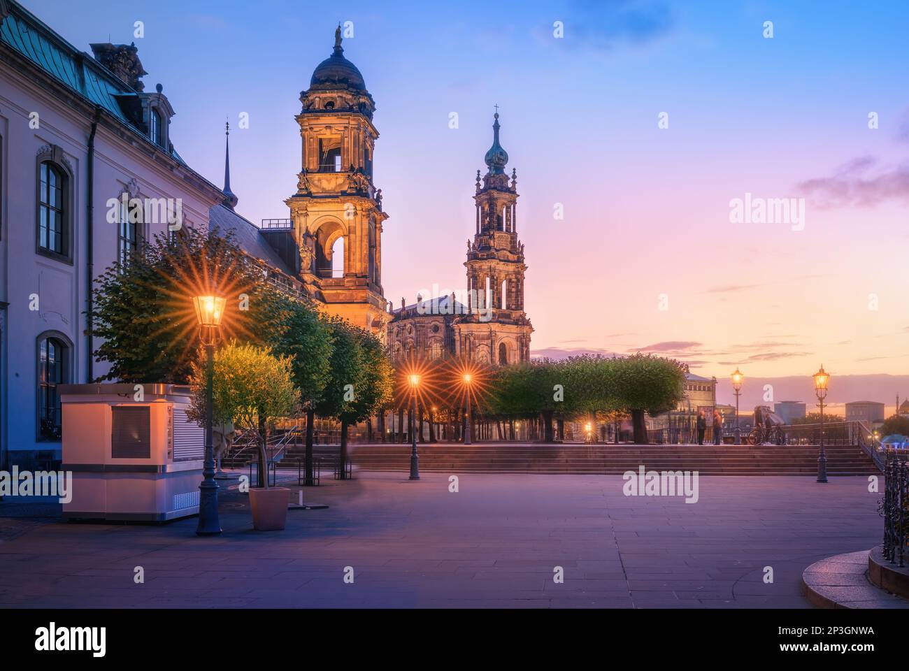Bruhls Terrace at night with Saxon House of Estates (Sachsisches Standehaus) and Catholic Cathedral Towers - Dresden, Germany Stock Photo