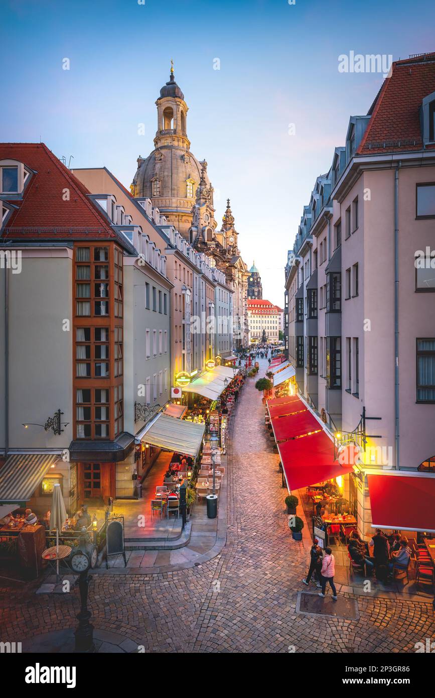 Munzgasse Street view with Frauenkirche Church at sunset - Dresden, Soxony, Germany Stock Photo