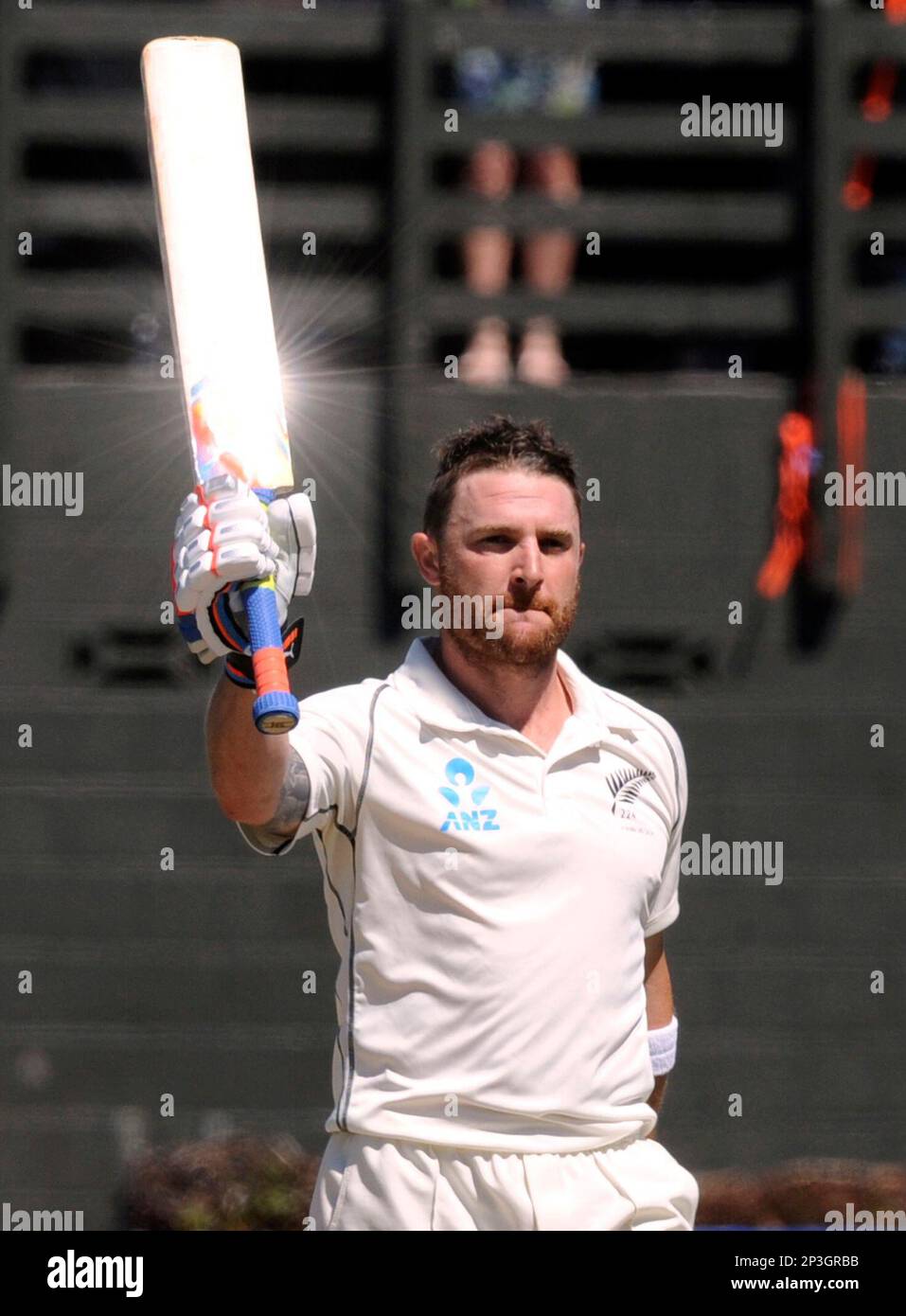 FILE-In this Feb. 17, 2014 file photo, New Zealand's Brendon McCullum  celebrates his double century in the second innings against India on the  fourth day of the second cricket test at Basin