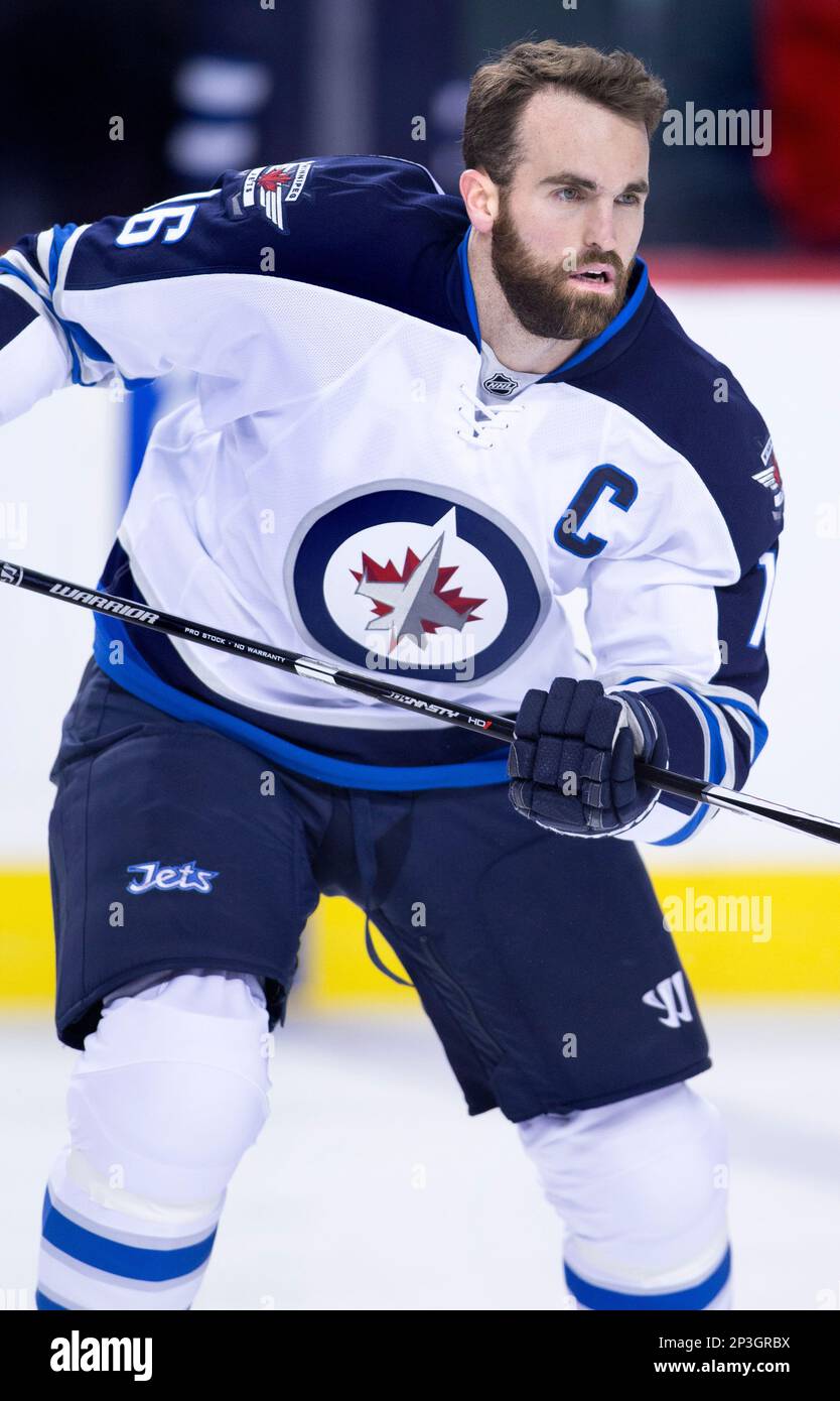 NHL profile photo on Winnipeg Jets Andrew Ladd during a game against the Calgary Flames in Calgary, Alberta on Feb