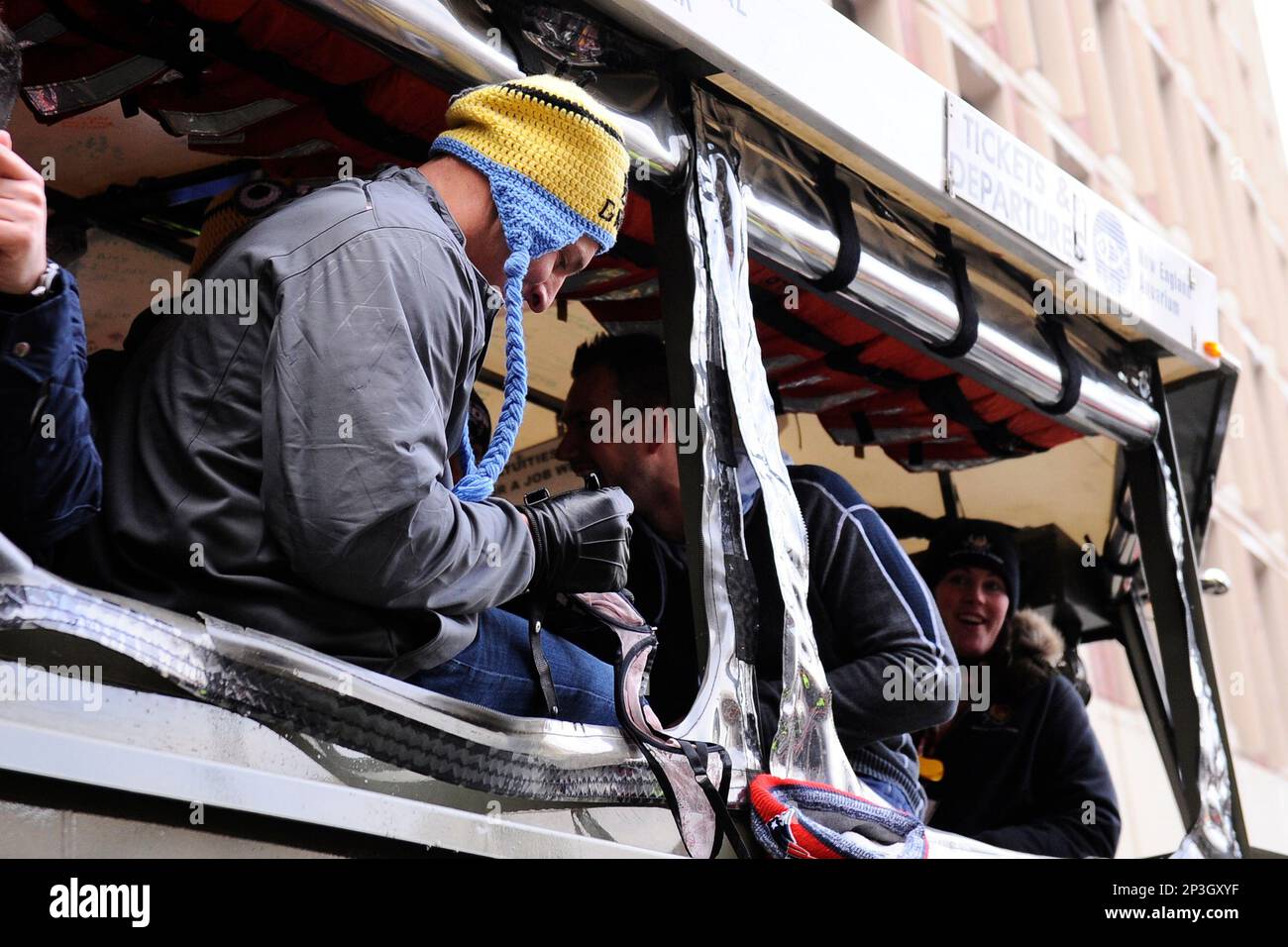 February 4, 2015 - Boston, Massachusetts, U.S. - New England Patriots tight  end Rob Gronkowski (87) autographs a bra given to him during a parade held  in Boston to celebrate the team's