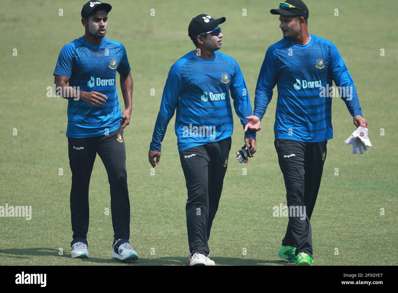 Mahmudul Hasan Raza, Rony Talukder and Nasum Ahmed during the Bangladesh One Day International Cricket Team attends practice ahead of their ODI series Stock Photo