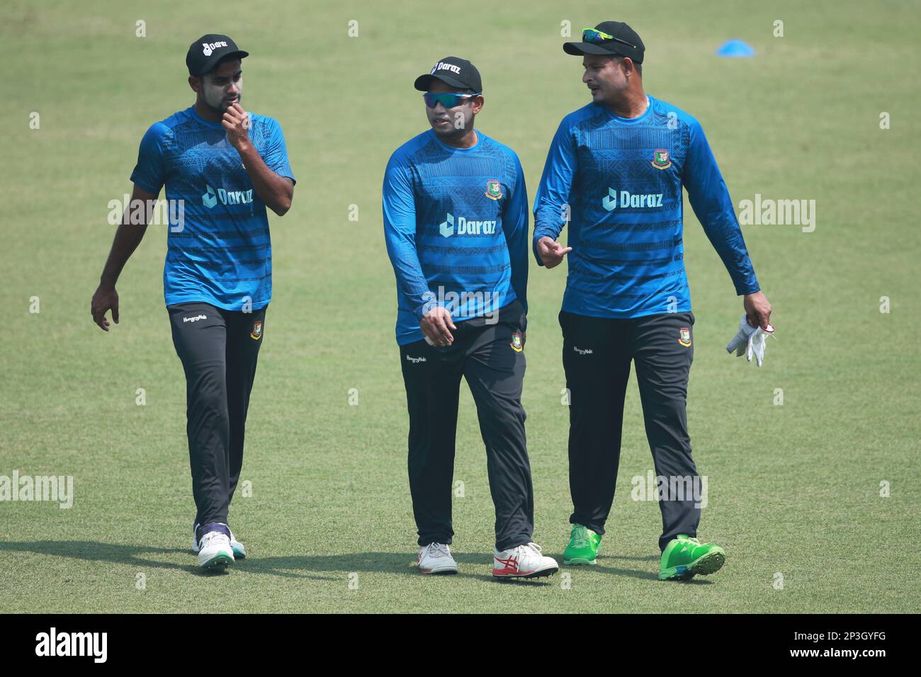 Mahmudul Hasan Raza, Rony Talukder and Nasum Ahmed during the Bangladesh One Day International Cricket Team attends practice ahead of their ODI series Stock Photo