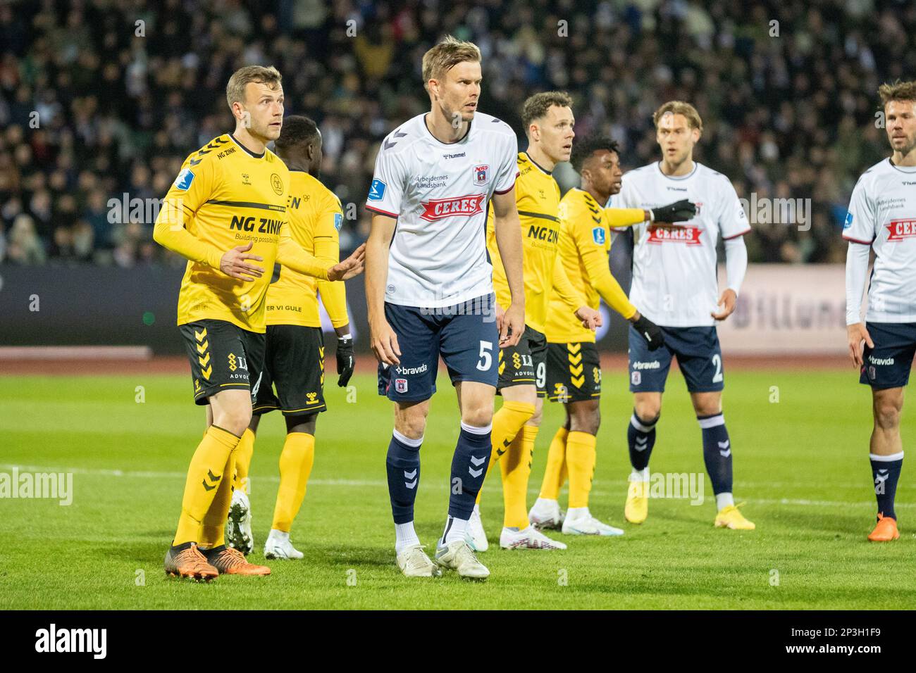 Aarhus, Denmark. 03rd, March 2023. Frederik Tingager of AGF and Malte Kiilerich Hansen (4) of AC Horsens seen during the 3F Superliga match between Aarhus and AC Horsens at Ceres