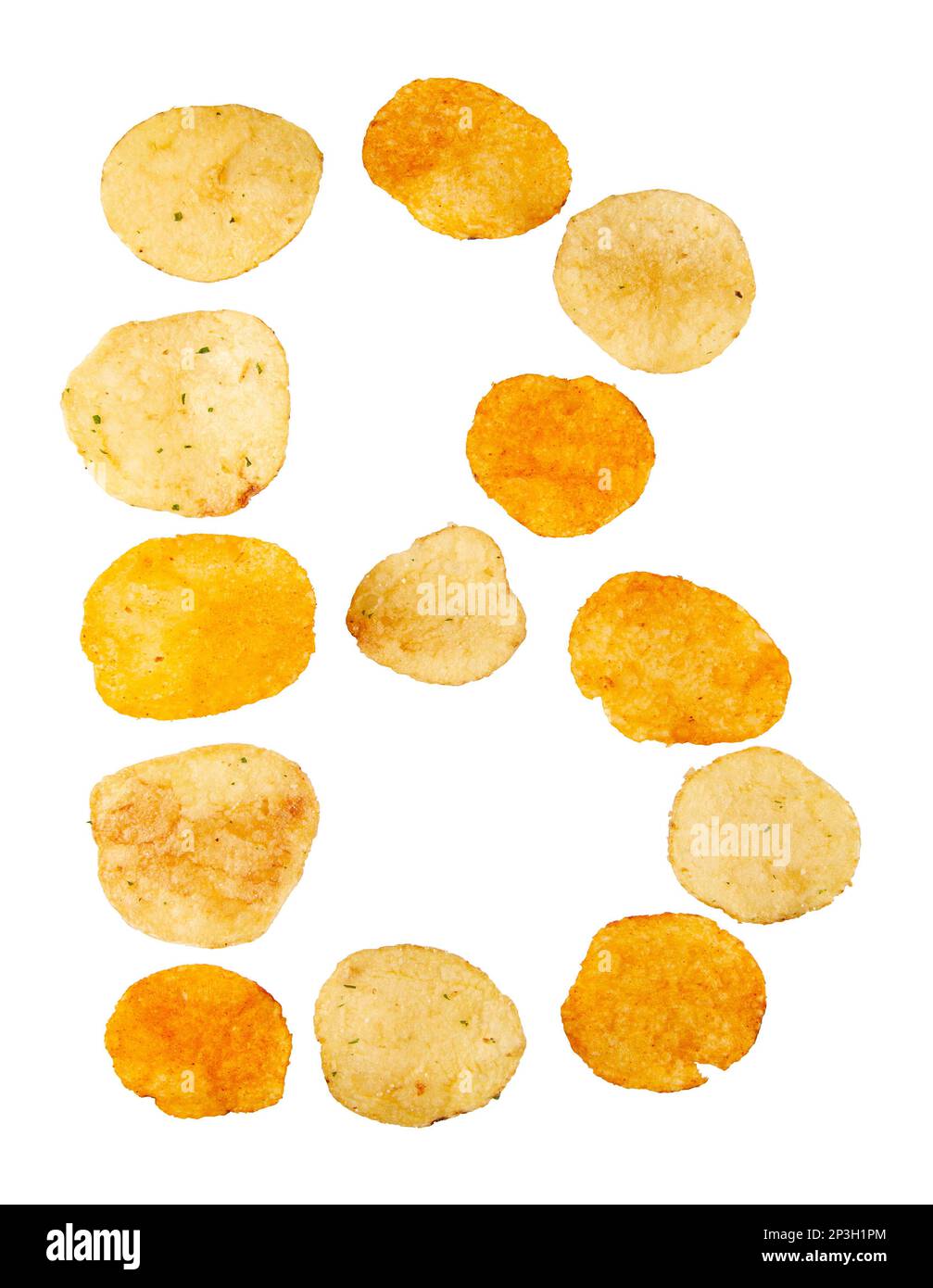 Letter B made of potato chips and isolated on white background. Food
