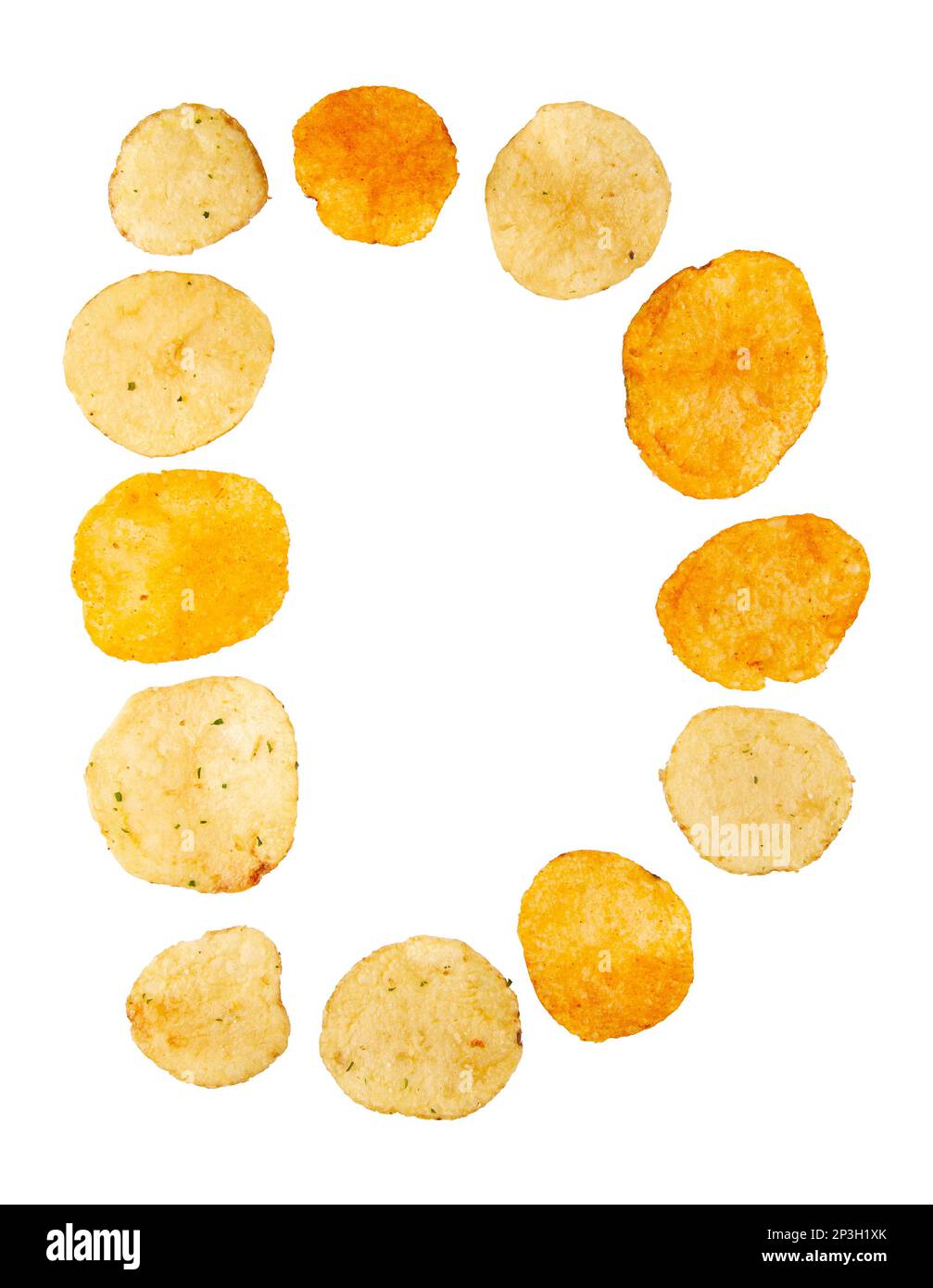 Letter D made of potato chips and isolated on white background. Food