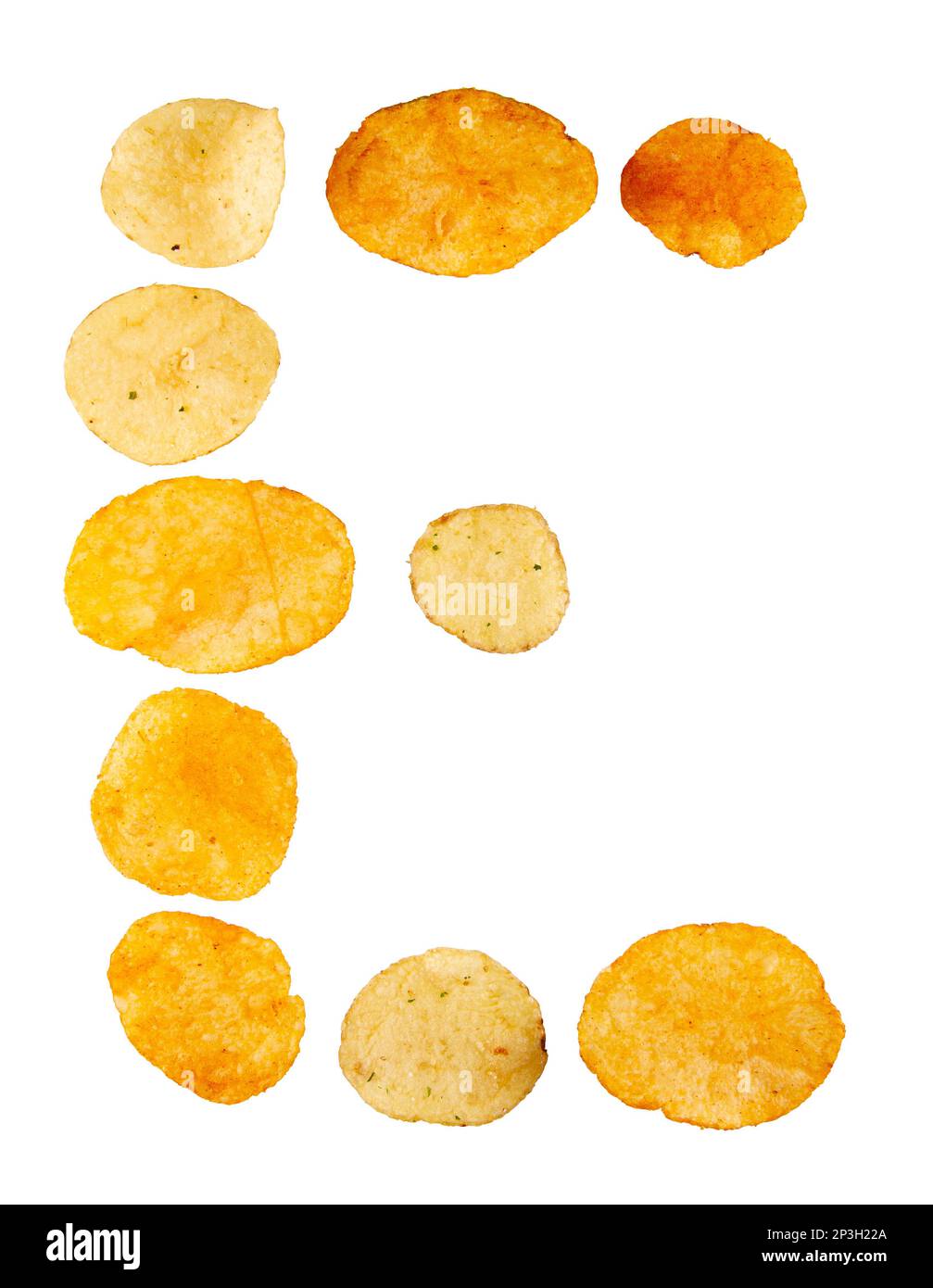 Letter E made of potato chips and isolated on white background. Food