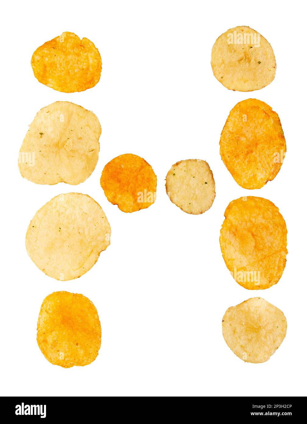Letter H made of potato chips and isolated on white background. Food alphabet concept. One letter of the set of potato chip font easy to stacking. Stock Photo